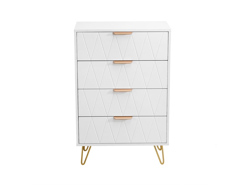 Commode 4 tiroirs, 60x34x90cm, meuble de rangement avec dispositif anti-basculement, bois et métal, style moderne luxe, blanc et or - Conforama A
