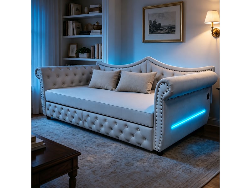 Canapé-lit 90 x 200 cm – avec 2 tiroirs – avec port de charge usb – beige (matelas non inclus) - Conforama E