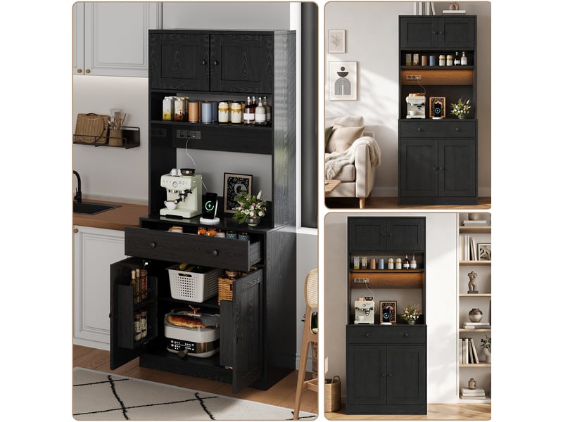  Buffet de cuisine 72x40x180 cm avec led, prises et tiroir noir  - Conforama E