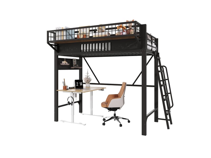 Lit mezzanine 90x200 cm, rangements, espace inférieur ouvert, structure métal, noir OMNIGLINT TRADING LTD - Conforama A