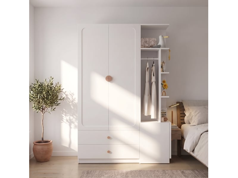 Armoire modenvie blanche 135 x 45 x 200 cm avec 2 tringles, 2 tiroirs et rangement ouvert - Conforama E