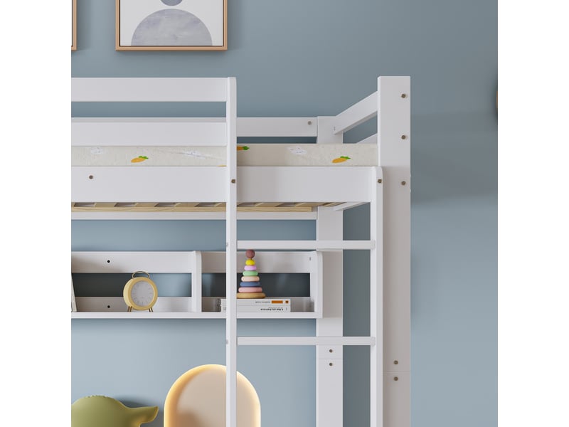  Lit superposé, 90 x 200 cm , avec étagères de 2 mètres de long, sommier robuste et échelle, pin + mdf + contreplaqué, blanc  - Conforama E