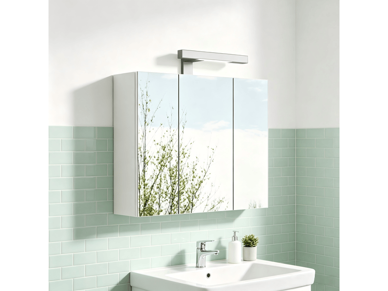  Meuble de salle de bain avec miroir led de 60 cm, 3 portes, prise schuko et étagères en verre réglables, blanc.  - Conforama D