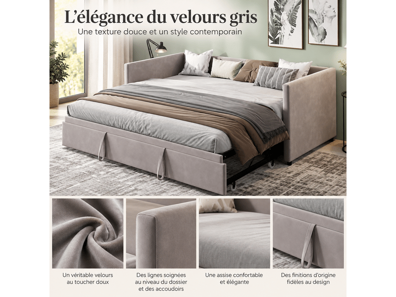 Lit gigogne 2 places 90180 x 200 cm ,lit capitonné avec sommier à lattes, extensible, cadre de lit convertible, lit banquette, tissu en velours, gris, matelas non inclus - Conforama C