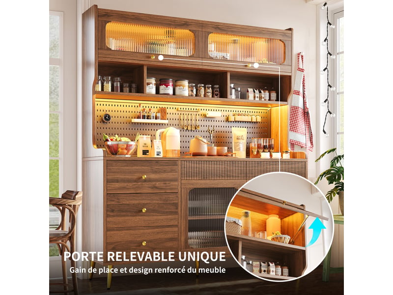 Buffet haut 145 x 39 x 171 cm , led rgb avec application, 4 portes et 5 tiroirs, étagères en verre, bois foncé - Conforama D