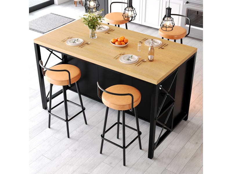  Îlot de cuisine rayofi 150 x 80 x 90 cm - 3 tiroirs, 3 portes vitrées, design industriel, led intégré, pieds réglables, noir N620P19312829S - Conforama E