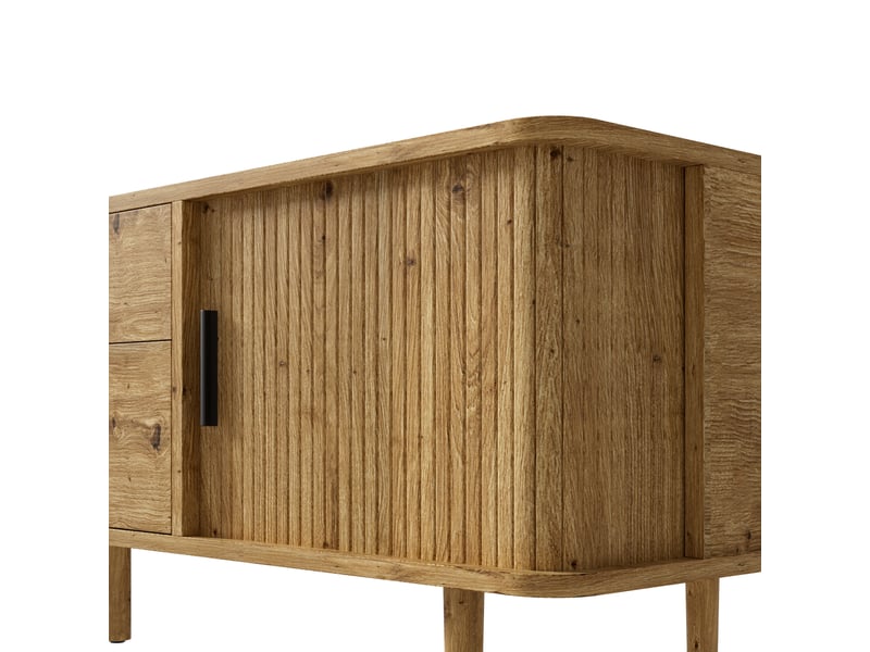  Meuble tv avec 2 portes coulissantes et 4 tiroirs, 165 x 40 x 46 cm, angles arrondis et façades rainurées, mdf, couleur bois Morn Vibe - Conforama E