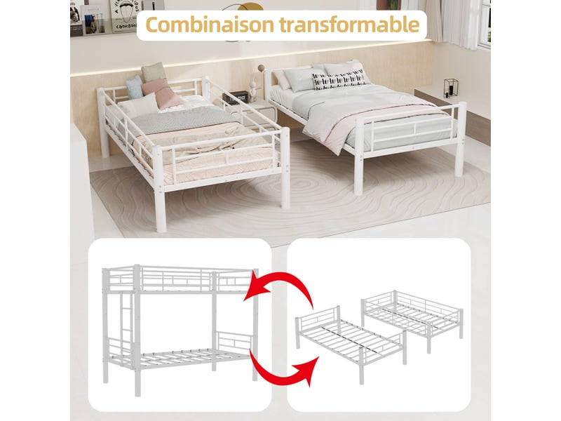 Lit superposé métal 2 x 90 x 190 cm, convertible en 2 lits simples, avec échelle et garde-corps, blanc  - Conforama E