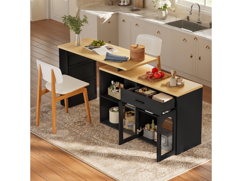  Îlot de cuisine fixe avec plateau pivotant à 360°, buffet de rangement avec tiroir et étagères, table de bar en mdf, noir et naturel  - Conforama R