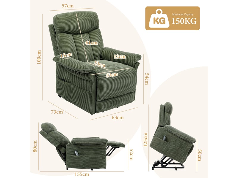  Fauteuil relax en velours côtelé avec releveur électrique, télécommande, poche latérale, réglable 90 à 160°, vert  - Conforama E