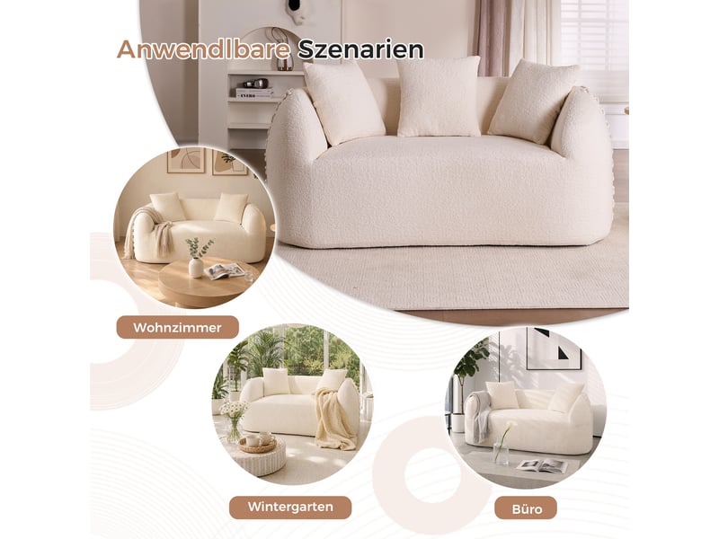 Canapé droit incurvé 2 places avec 2 coussins | style moderne chenille et accoudoirs lacés | sans montage compressé sous vide - blanc crème - Conforama D