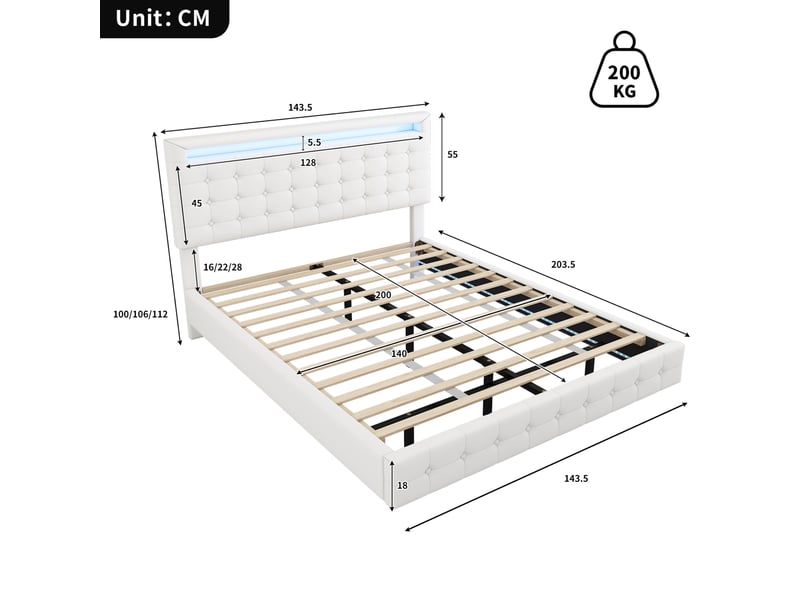 Lit 2 places 140x200cm, sommier, tête de lit réglable, éclairage avec éclairage led, mdf+pu blanc, sans matelas - Conforama C