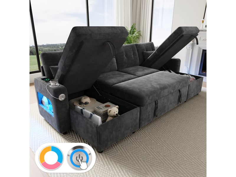 Canapé d'angle 266x131x85cm extensible avec led et ports usb canapé 4 places en u avec méridienne double porte-gobelets et rangement chenille gris BUYDEEMEUS - Conforama D