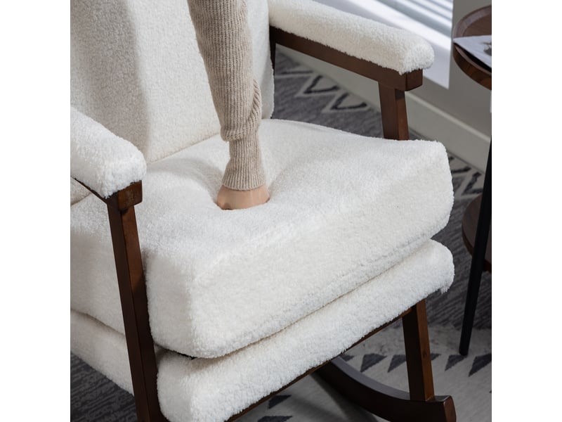  Fauteuil à bascule mid-century avec structure en bois, fauteuil de salon rembourré et coussin lombaire, 83x73x80 cm  - Conforama R