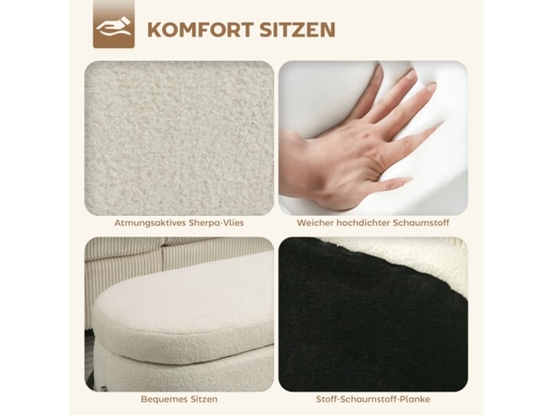  Pouf coffre crème avec couvercle, rangement, pieds en acier et revêtement en tissu polaire  - Conforama E