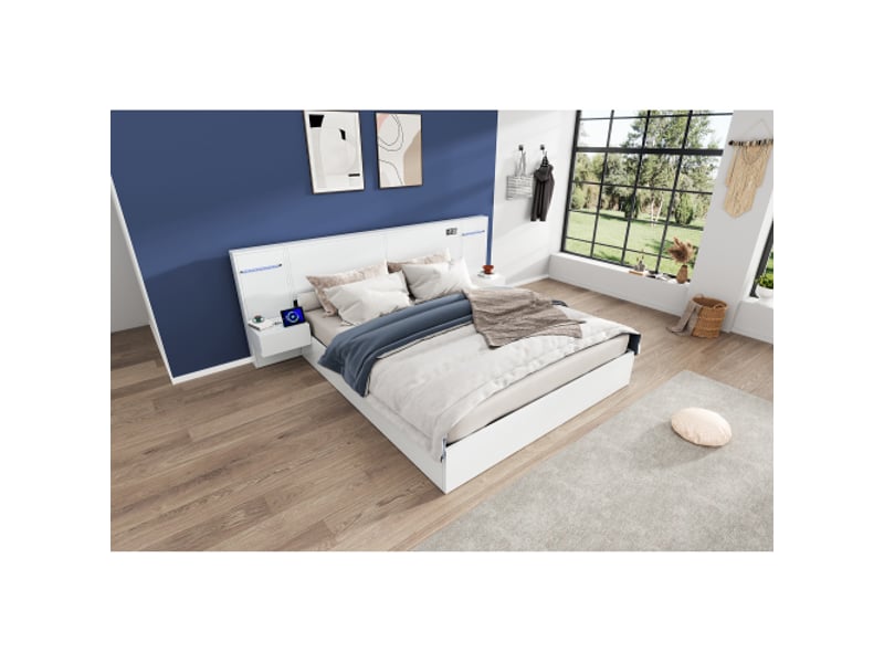  Lit double en bois 180x200 cm usb horloge bluetooth barre lumineuse et 2 tables de chevet blanches – matelas non inclus  - Conforama B