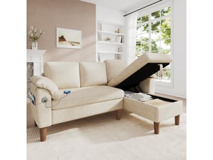 Canapé d'angle gauche fixe <strong></strong> <strong></strong> 3 places Coton / Polyester beige avec coffre de rangement