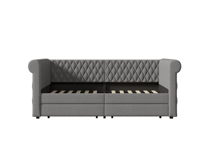  Lit jeune 90x200 cm motif losange avec 2 tiroirs, lin et métal, gris, sans matelas  - Conforama D