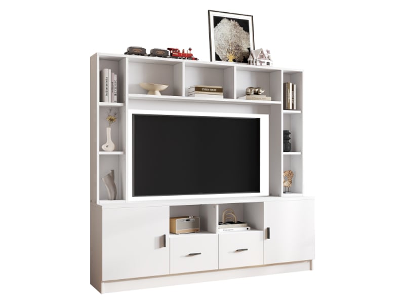  Ensemble meuble tv mural 180 cm avec vitrine, étagères, 2 portes, 2 tiroirs, 11 rangements, blanc, pour tv 60 pouces  - Conforama A