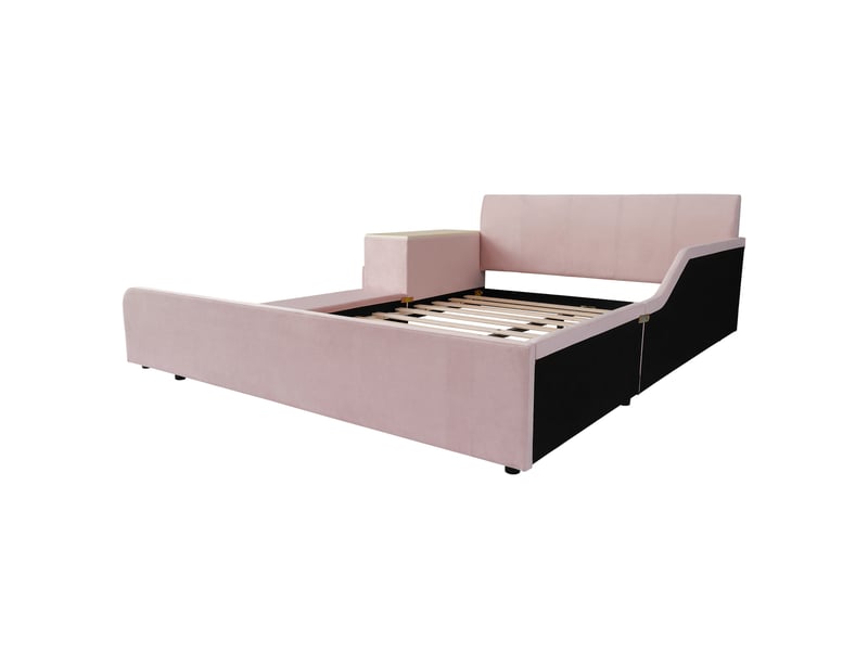 Lit capitonné, lit simple avec bureau et tabouret pour enfant, étagère de rangement, tête de lit rembourrée, sommier à lattes en bois, velours rose, 140 x 200 cm - Conforama E