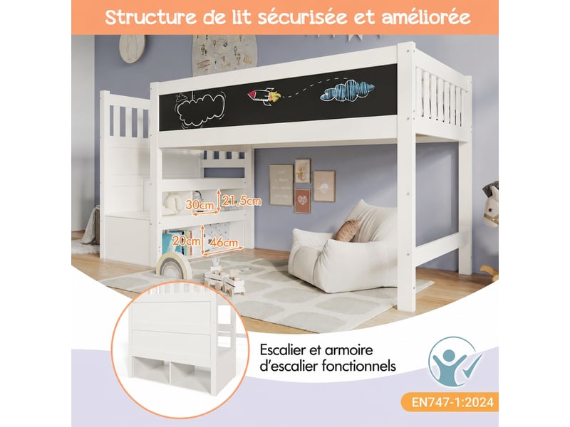  Lit mi-hauteur enfant blanc 90 x 200 cm avec escalier de rangement  - Conforama E