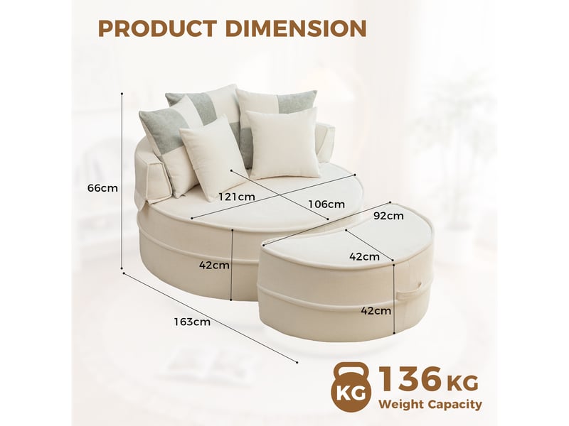  Fauteuil 1 place - 121x163x66 cm - fauteuil rond lounge xxl en tissu chenille avec 5 coussins et repose-pieds - beige  - Conforama E