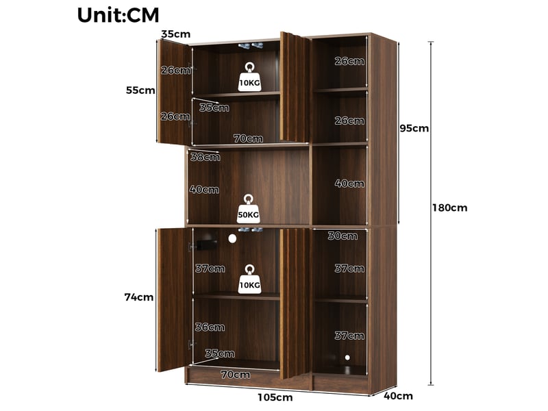  Buffet de cuisine haute 105 x 40 x 180 cm avec éclairage led rgb et prises, 2 portes, étagères ouvertes, noyer  - Conforama C