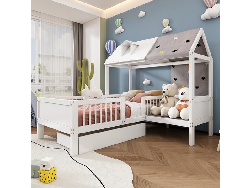  Lit cabane pour enfants en bois massif 90x200cm avec 1 tiroirs,espace de chevet et toile de tente,,en forme de maison,sans matelas,blanc lit enfant blanc - Conforama B