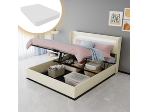 Lit coffre 2 places 160x200 cm avec rangement, led et matelas inclus beige