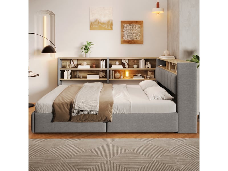  Canapé-lit coffre 140 x 200 cm - avec prise électrique - avec port usb + bande lumineuse led - tissu velours - gris (matelas non inclus)  - Conforama B