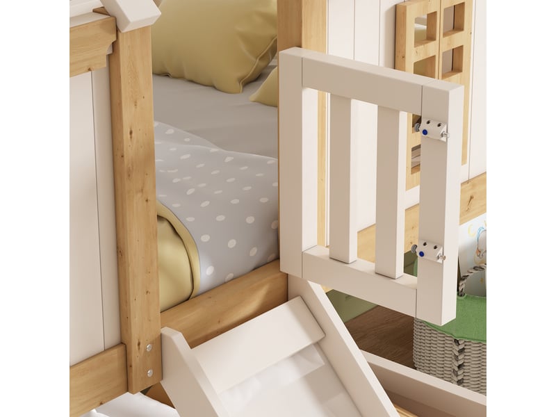  Lit superposé maison enfant 90x200 cm avec toboggan, échelle flexible et protection anti-chute, bois blanc et naturel  - Conforama E
