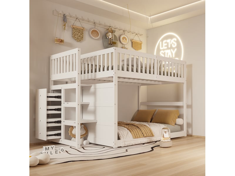  Lit superposé enfant bas 140 x 200 cm blanc avec escalier de rangement  - Conforama B