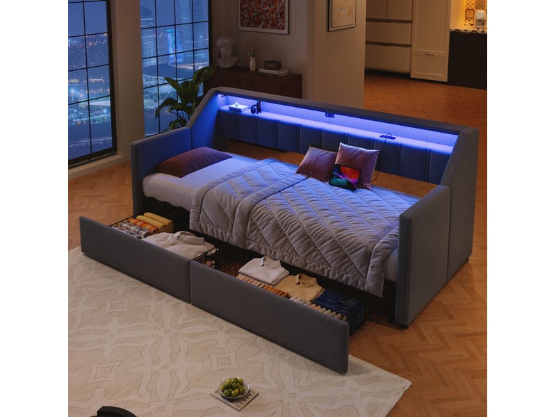  Lit enfant gigogne 90 x 200 cm design moderne, 2 tiroirs + poches, led, usb type-c, lin, mdf, gris sans matelas  - Conforama R