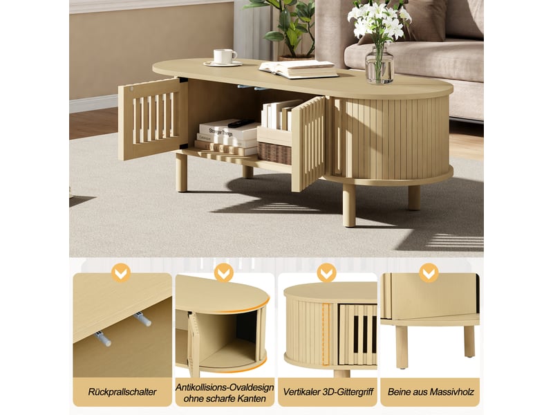  Table basse ovale avec 2 portes à lames et porte coulissante, rangement pour salon en mdf naturel 100×40×38 cm  - Conforama E
