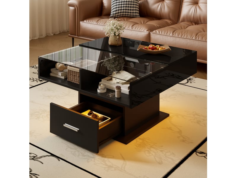  Table basse relevable avec led bluetooth, rangement et tiroir, 78 x 78 cm, noire  - Conforama E