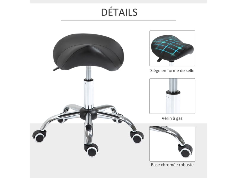  Tabouret à roulettes, tabouret de massage avec hauteur réglable 49-61 cm et selle ergonomique, chaise de travail à roulettes pivotant 360°, noir, pour salon de massage tatouage clinique spa  - Conforama R