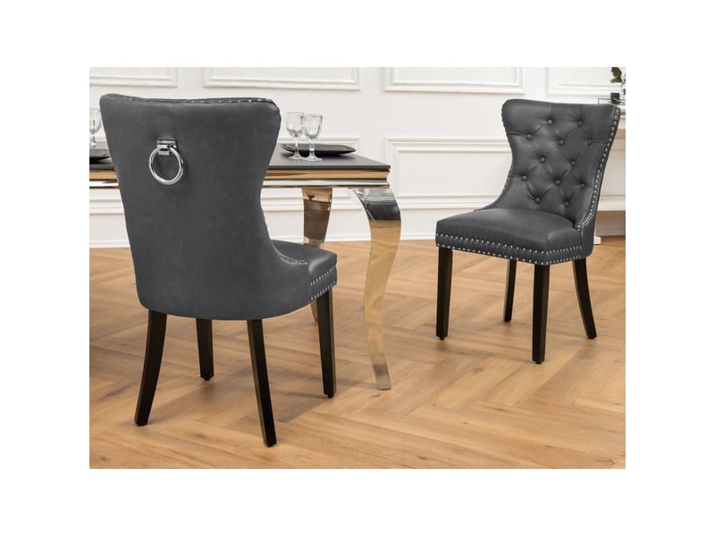  Lot de 2 chaises chesterfield regina gris anthracite en cuir artificiel capitonné – anneau argenté et pieds noirs  - Conforama E
