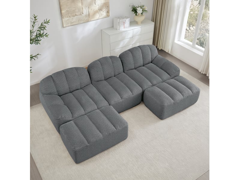 Canapé modulable ulevr 3 places en u avec 2 poufs, mousse haute densité 32d, tissu bouclette gris, 288 x 165 x 79 cm  - Conforama D
