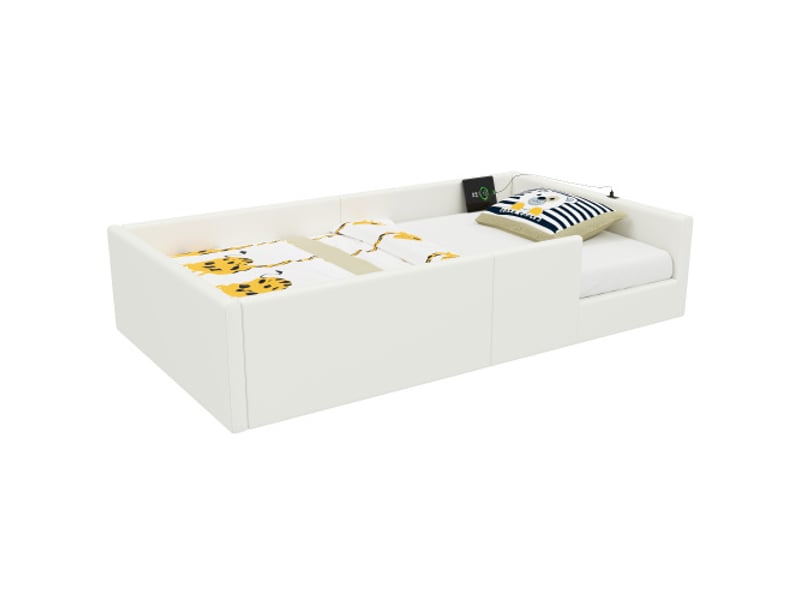 Lit enfant 90x200 cm avec barrière de sécurité et ports usb-type-c, sommier à lattes, sans matelas, blanc  - Conforama D