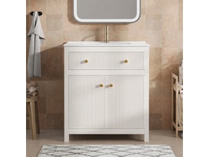 Meuble sous vasque blanc 81 cm avec vasque en céramique, façade cannelée et rangements