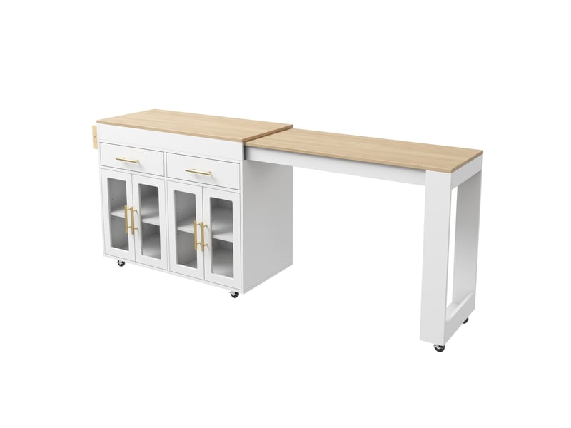  Desserte de cuisine mobile 132,5-217x50x93 cm, table bar extensible, roulettes, portes vitrées, tiroirs, rangement cuisine - blanc  - Conforama A
