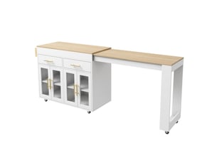 Desserte de cuisine mobile 132,5-217x50x93 cm, table bar extensible, roulettes, portes vitrées, tiroirs, rangement cuisine - blanc