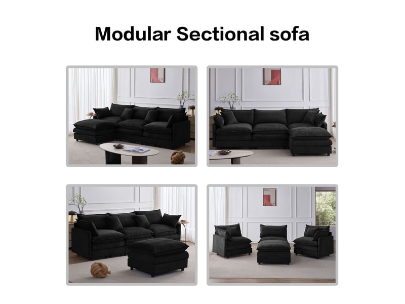  Canapé d’angle modulable 3 places 267 cm avec méridienne et pouf, tissu chenille, assise confortable, montage facile  - Conforama E