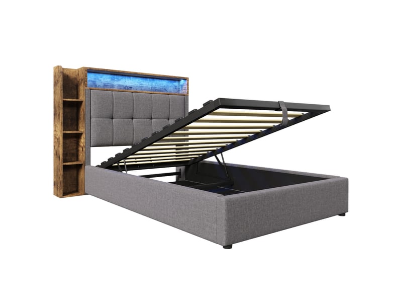 Lit rembourré gris 90x200 cm avec rangement, usb-c et led - Conforama E