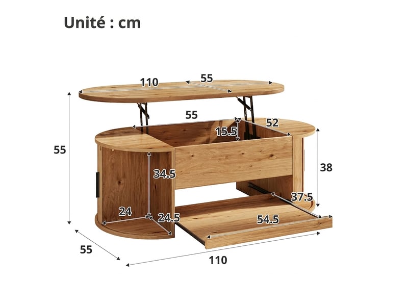 Table basse relevable multifonction 110x55 cm avec rangement caché - Conforama C
