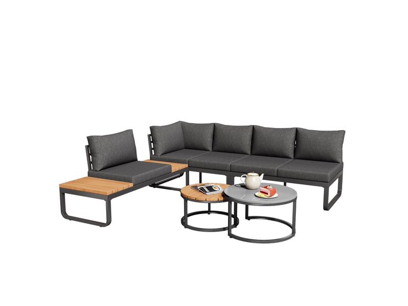  Set de jardin en fer 5 pl, coussins gris, canapés, table d'appoint, tables basses rondes  - Conforama A