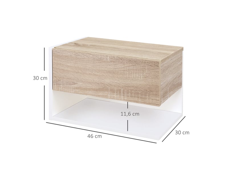  Ensemble de 2 tables de chevet suspendues, avec 1 tiroir et une étagère ouverte, 46 x 30 x 30 cm, chêne et blanc  - Conforama E