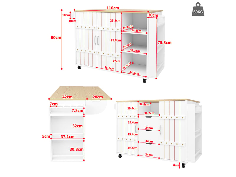 Desserte de cuisine blanche 110x42x90 cm en mdf avec plateau rabattable - Conforama C