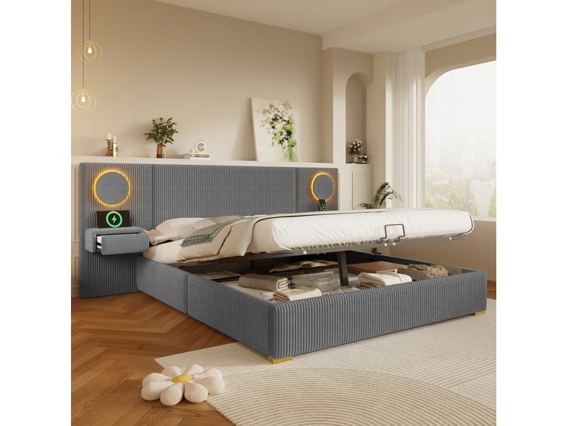 Lit 180 x 200 cm en velours gris avec tête de lit led, usb et rangement hydraulique - Conforama C