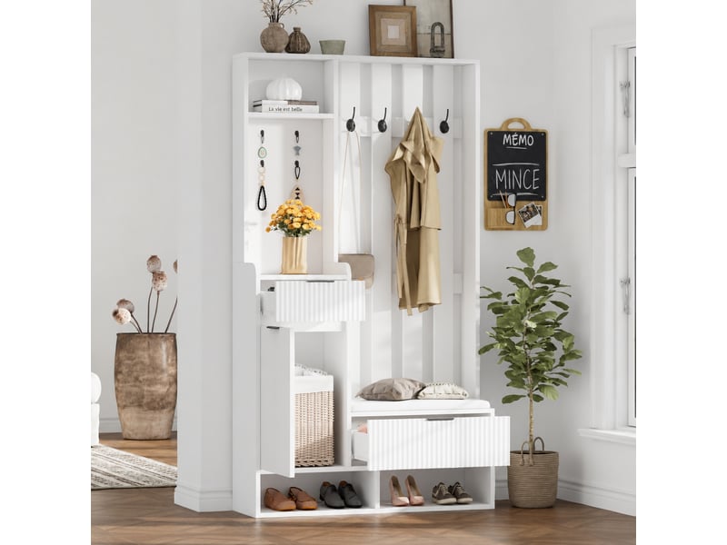  Vestiaire d’entrée 6 en 1 avec banc, porte-manteau 8 crochets, rangement 100 x 30 x 180 cm, blanc  - Conforama D